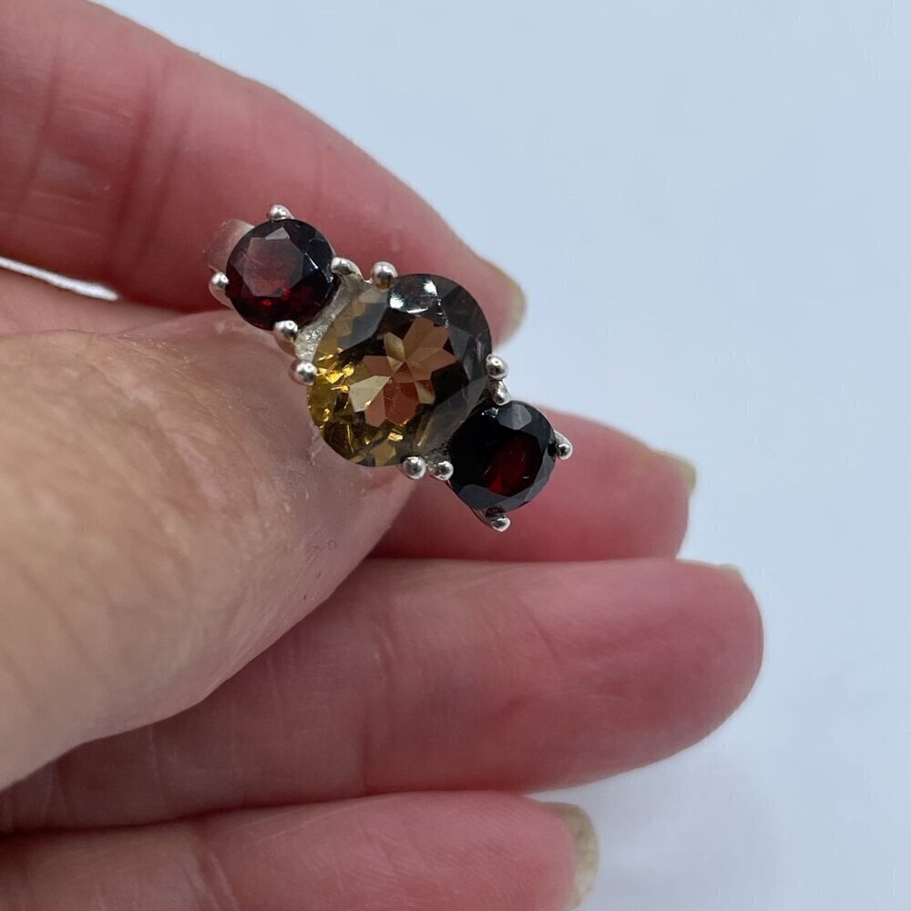 Three Stone Genuine Red Garnet Yellow Citrine Sterling Silver .925 Band Ring 7 - Picture 2 of 6